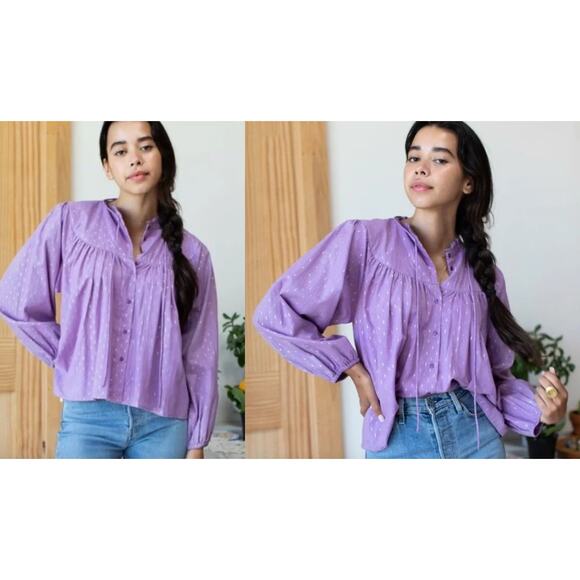 Emerson Fry India Collection | Emmaline Blouse Lavendula Gold Dot Lurex | Sz M - Picture 1 of 9